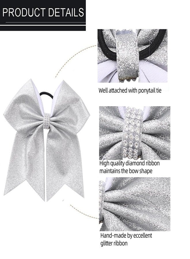 Hipcheer Large Glitter Silver Cheer bow, Hipcheer 8 Inch Large Jumbo Cheer Hair Bows Ponytail Holder Elastic Band Handmade for Cheerleaders Teen Girls College Sports (Glitter Silver) - Image 4